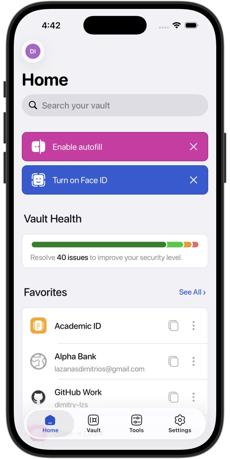 Bitsecrets home on iPhone